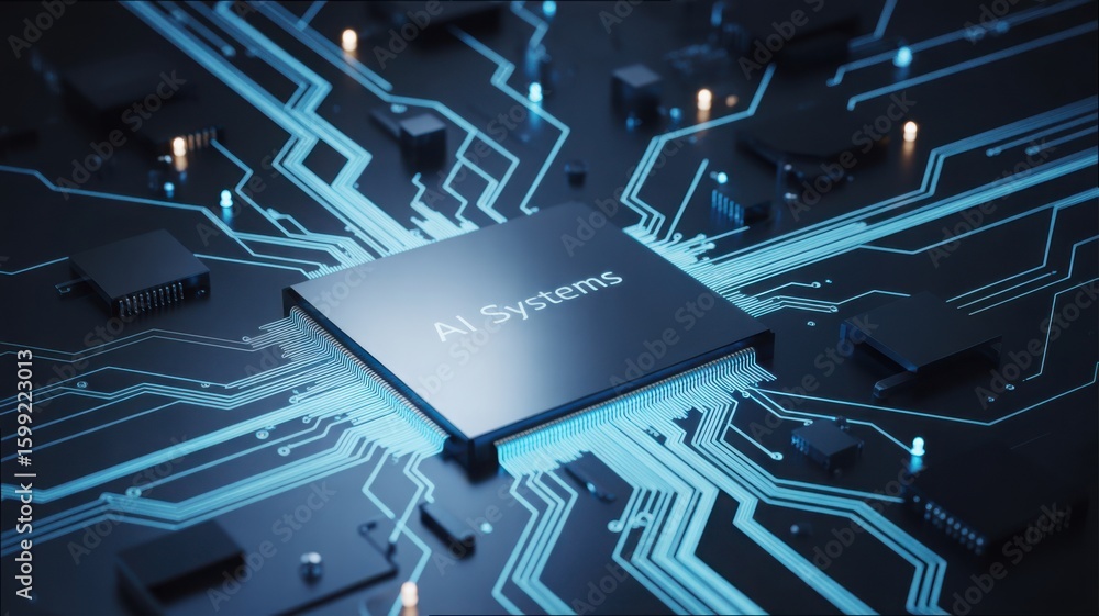 Poster close-up of circuit board connecting silicon chip with lit elements