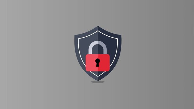 A flat vector-style icon featuring a dark blue shield with a red locked padlock in the center. Ideal for representing data protection, privacy, firewall, and digital security concepts.