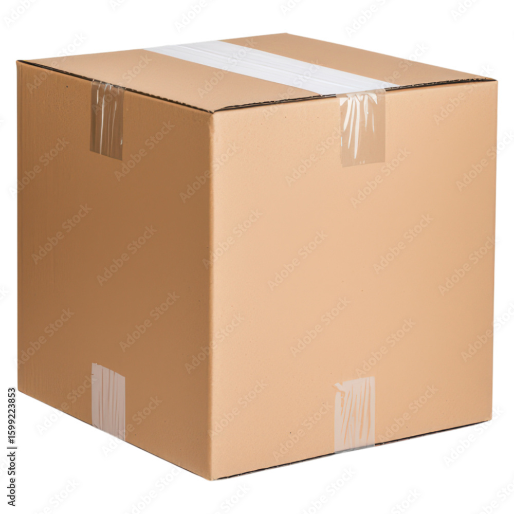 Poster empty cardboard box with white tape on top and sides isolated on transparent background.