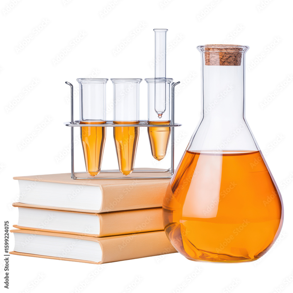 Poster laboratory equipment with chemistry flask and textbooks isolated on transparent background.
