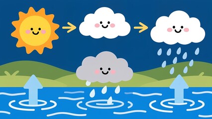Cute cartoon illustration of the water cycle showing evaporation, condensation, and precipitation with smiling sun and clouds
