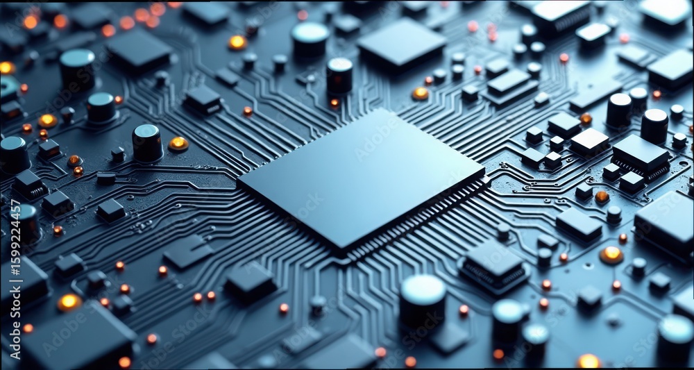 Poster close-up view of a silver circuit board with modern technology elements