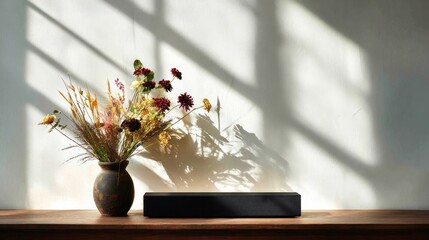 A bouquet of dried flowers in a rustic vase sits on a wooden surface next to a black sound bar.