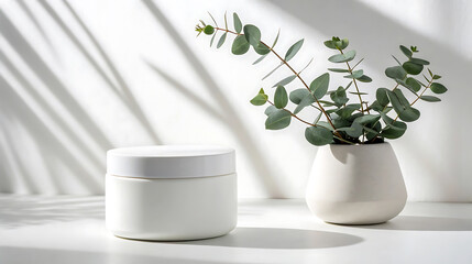 Minimalist white jar and eucalyptus in a vase with soft shadows