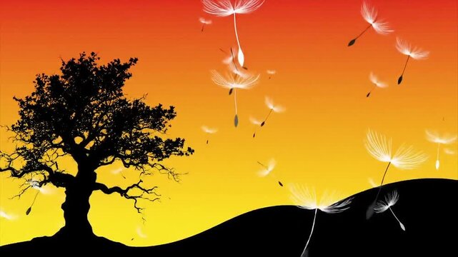 Silhouette landscape with sunset gradient and blowing dandelions. Minimalist sunset scene with bare tree and floating seeds. Evocative nature illustration with warm orange and yellow hues.
