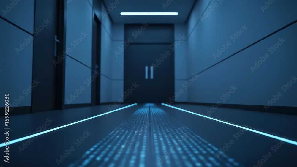 Poster empty futuristic hallway with glowing floor and lights, representing technology, future and architec