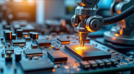Detailed View of Mechanical Arm Soldering Microcircuit Components