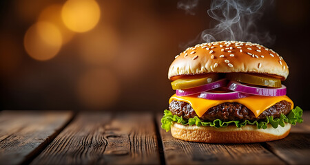 Juicy gourmet burger with melted cheese and pickles
