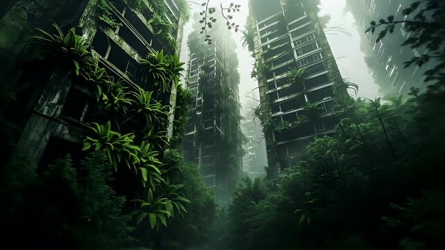 A highresolution digital artwork depicting a futuristic urban landscape. The main subject is a tall, multistory building with balconies and windows, surrounded by lush greenery.