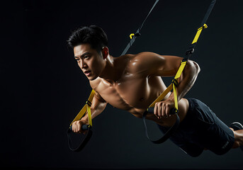 Focused athlete performing an intense suspension trainer workout building upper body strength and core stability with athletic determination during a fitness session	