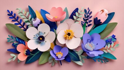 Fototapeta premium Colorful paper flowers and leaves arranged in a bouquet.