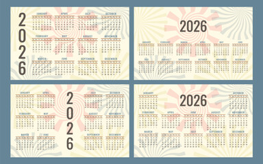 Retro 2026 calendar set. Hand drawn vintage planner with groovy 60s, 70s, 80s style. Spiral rays, wavy patterns. Horizontal layout, printable monthly pages. Vector wall or desk template