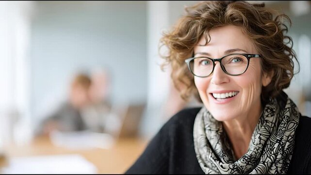 A smiling woman with curly hair and glasses poses confidently, wearing a patterned scarf and black sweater in a bright indoor setting.