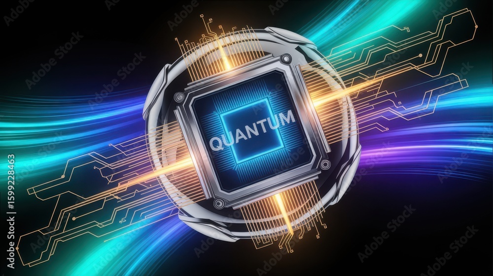 Poster quantum processor design with radiating circuit lines illustration
