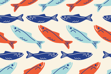 La dolce vita seamless pattern. Mediterranean Retro design. Color Silhouette of mackerels, sardines, salmons. Doodle Hand drawn Seafood background for print, wall art, cafe, menu, restourant. Vector