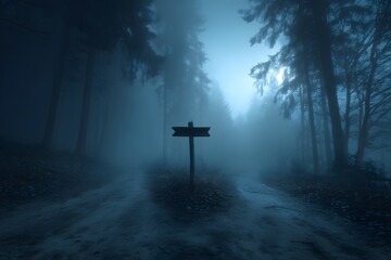 A spooky, foggy forest path that splits into a fork with a blank signpost
