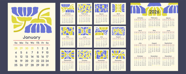 Yearly Calendar 2026 template for wall print, desktop. Vertical daily planner with minimalist design. Matisse flowers art. Monthly pages for business. Week starts on Sunday. Vector flat illustration