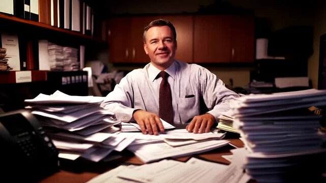A man in a striped shirt and tie is surrounded by stacks of papers in an office setting.