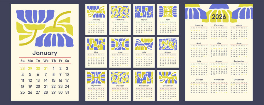 Yearly Calendar 2026 template for wall print, desktop. Vertical daily planner with minimalist design. Matisse flowers art. Monthly pages for business. Week starts on Sunday. Vector flat illustration - Powered by Adobe