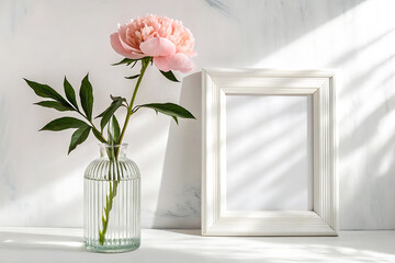 Soft pink peony in a glass vase beside a white frame