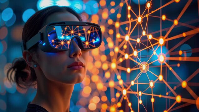 Empowered women blockchain are driving innovation through technology, exploring digital landscapes with virtual glasses and building strong network - Powered by Adobe