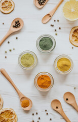 spices in wooden spoons. Generative AI