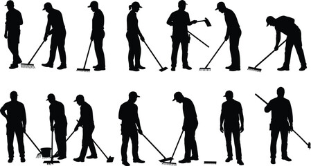 Obraz premium Silhouette of workers performing outdoor labor tasks, using gardening tools, rakes, equipment, for landscaping, black and white vector illustration.