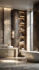 Modern, luxurious bathroom with marble surfaces and built-in shelves, filled with soft light
