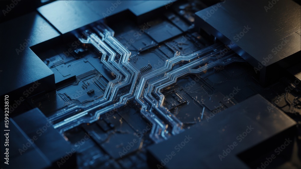 Poster glowing blue circuit pathways in shadows with intricate details