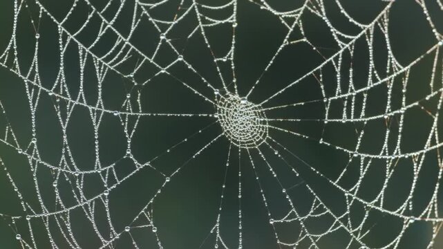 Spiderweb catching dew drops in a forest. Abstract pattern