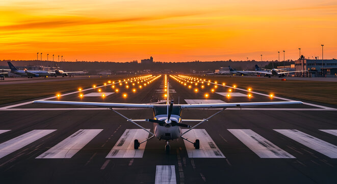 Small Airplane on Runway at Sunset Orange Sky small plane