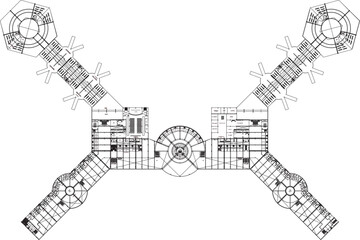 Vector sketch illustration silhouette architectural design section view interior plan site plan airport layout with runway for airplanes to drop off passengers 