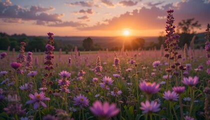 Fototapeta premium Breathtaking flower-filled meadow at sunset with blooming violet and pink wildflowers, capturing peaceful countryside charm, soft skies, and serene natural beauty.