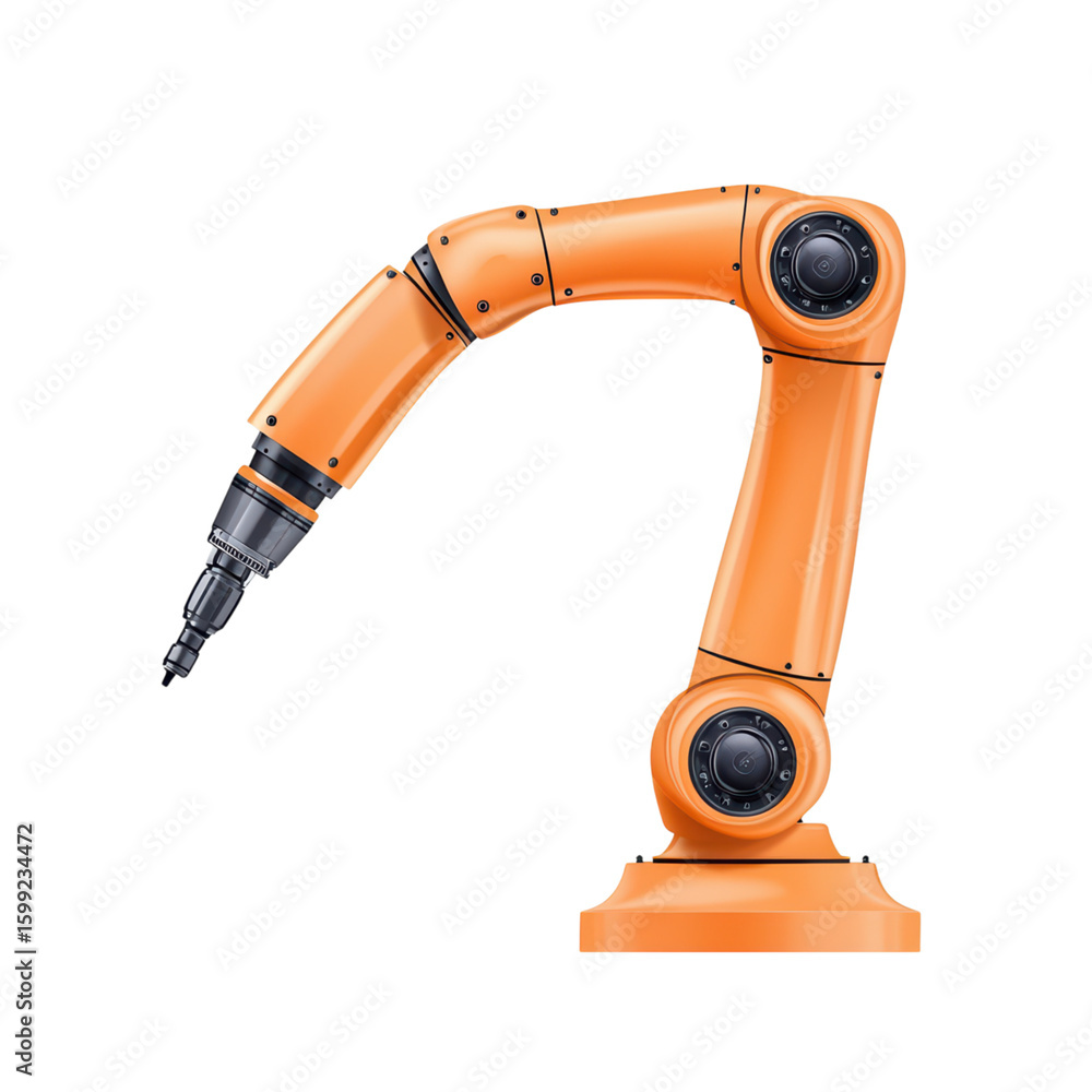 Poster orange robotic arm with precision tooling for industry use isolated on transparent background.