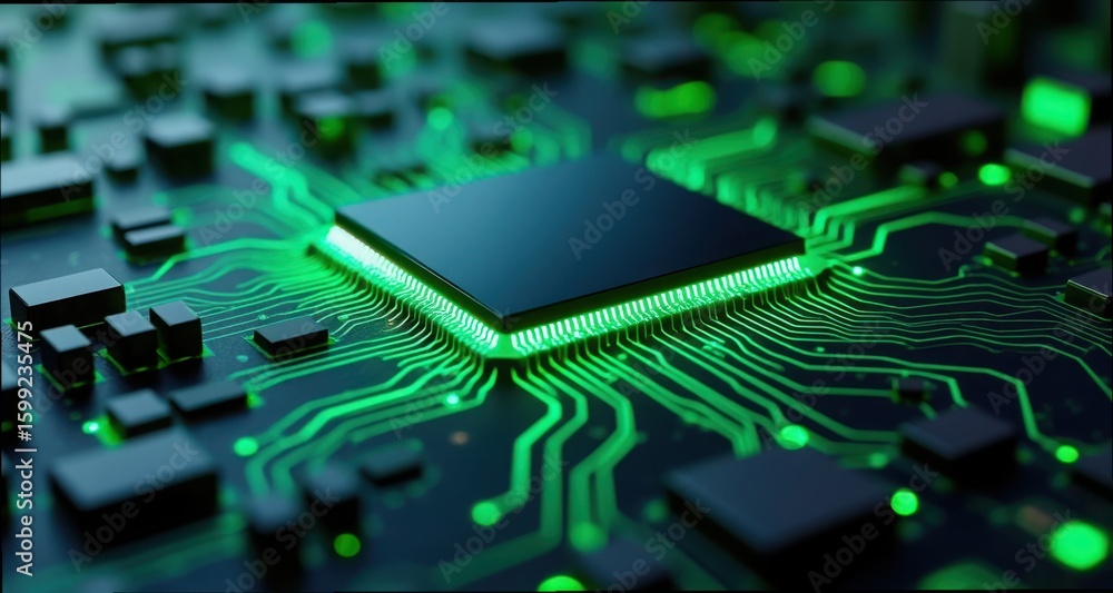 Poster green microchip on circuit board with light effects in motion