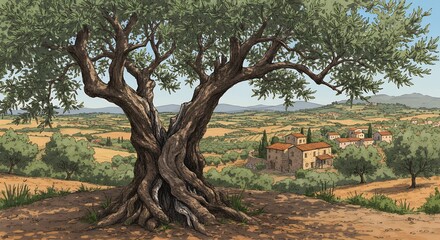 Fototapeta premium Ancient Olive Tree in Rustic Countryside Landscape with Rolling Hills and Village Homes