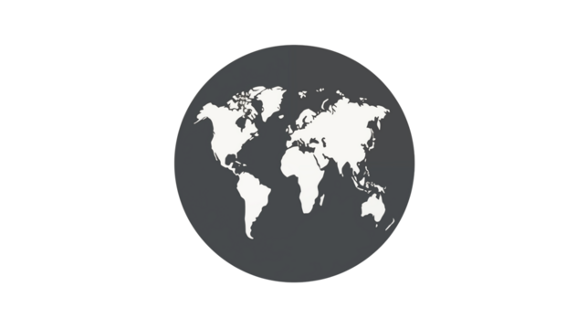 White world map on a gray circle against a transparent  background in a simplistic design style image