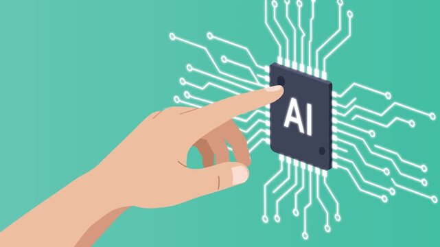 Vector animation featuring a hand tapping an AI-labeled microchip with white digital circuits on a mint green gradient. Useful for visuals involving artificial intelligence, coding, and neural computi