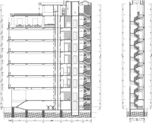 Vector sketch illustration silhouette architectural design section view interior plan site plan layout of 5 star high rise apartment and flat