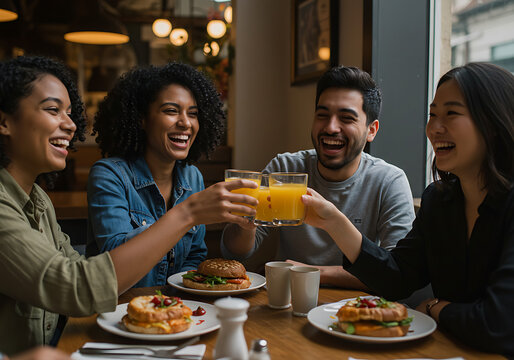 A diverse group of friends enjoys a cheerful lunch together at a vibrant restaurant raising their glasses in a toast for a special occasion sharing laughter and good food amidst a cozy atmosphere cele