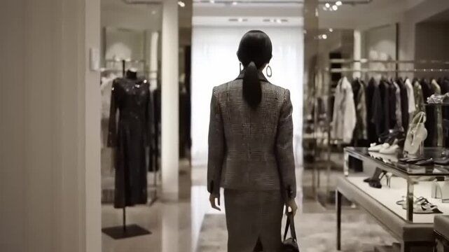 Woman in a stylish suit, walking through a high-end fashion store.  A woman wearing a gray plaid suit walks through a large, well-lit department store. Displays of clothing