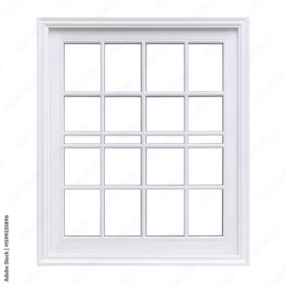 Poster classic white window frame with decorative grid design isolated on transparent background.