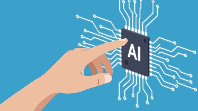 Looping animated vector of a finger touching an AI-labeled microchip with white circuits on a teal-blue background. Great for artificial intelligence, data science, and high-tech explainer use.