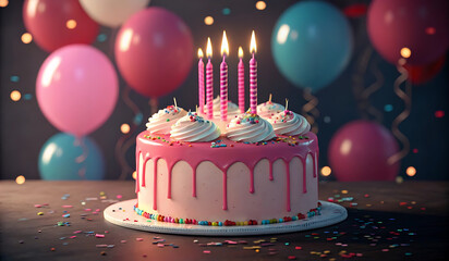 Birthday cake with candles and balloons celebration