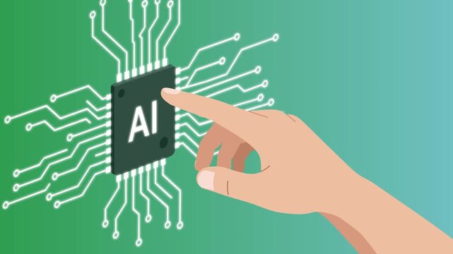 Flat-style animation showing a finger interacting with an AI chip surrounded by electronic circuits on a green gradient background. Represents smart technology, machine learning, and futuristic comput