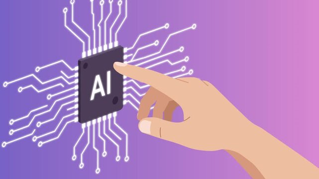 Animated vector of a stylized hand tapping an AI microchip on a purple gradient background. Perfect for use in artificial intelligence, deep learning, or futuristic technology visuals.