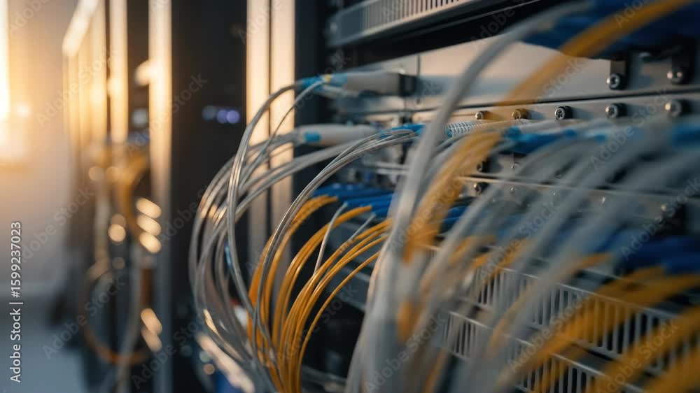 Aufkleber data center with network cables connecting server racks, technology infrastructure. it infrastructur