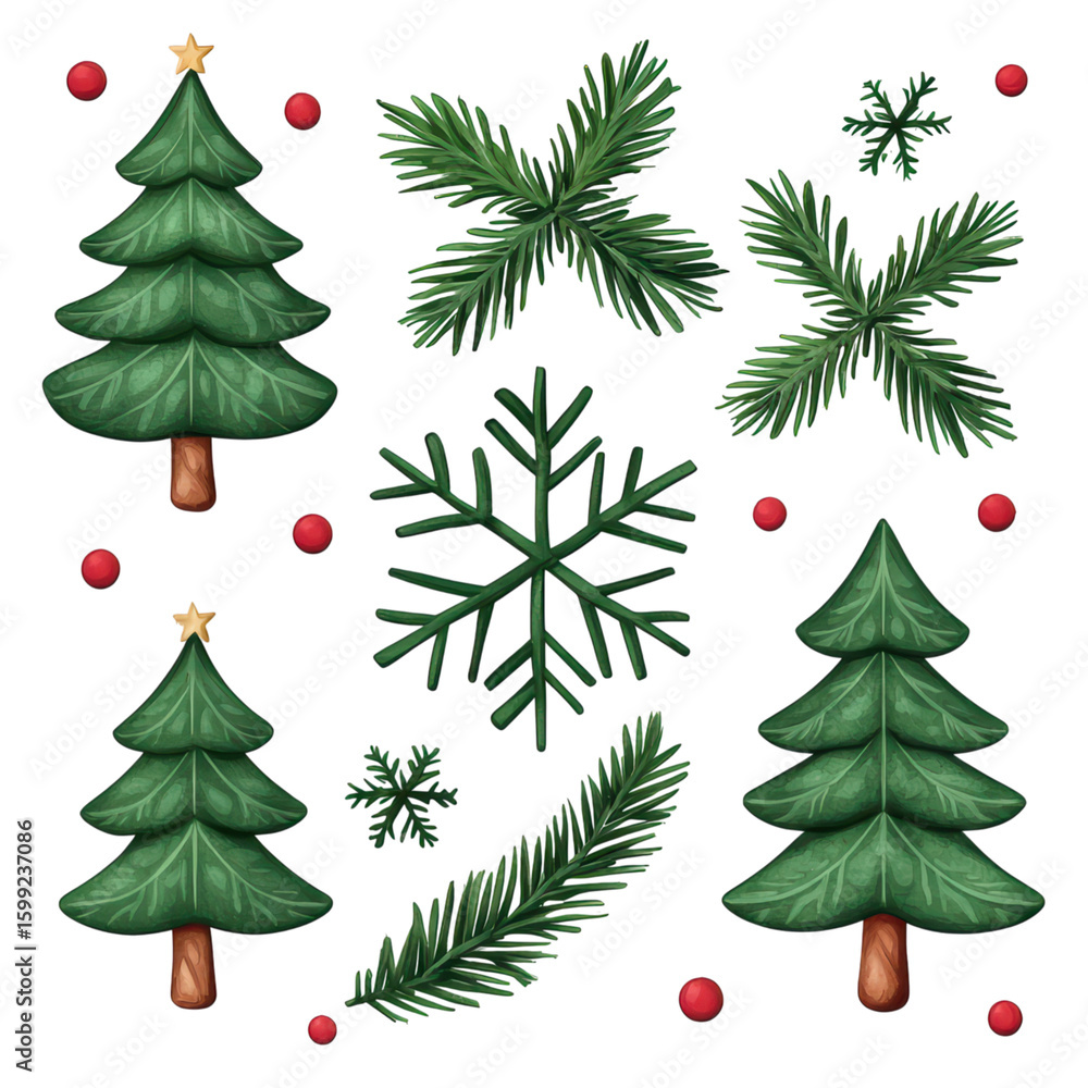 Aufkleber festive christmas tree and snowflake pattern design isolated on transparent background.