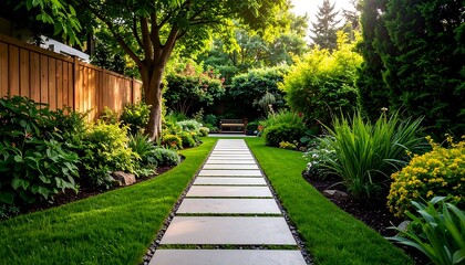 Fototapeta premium Lush garden path in a residential backyard