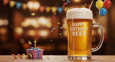Celebratory Beer Glass with Foam and Balloons in Festive Setting